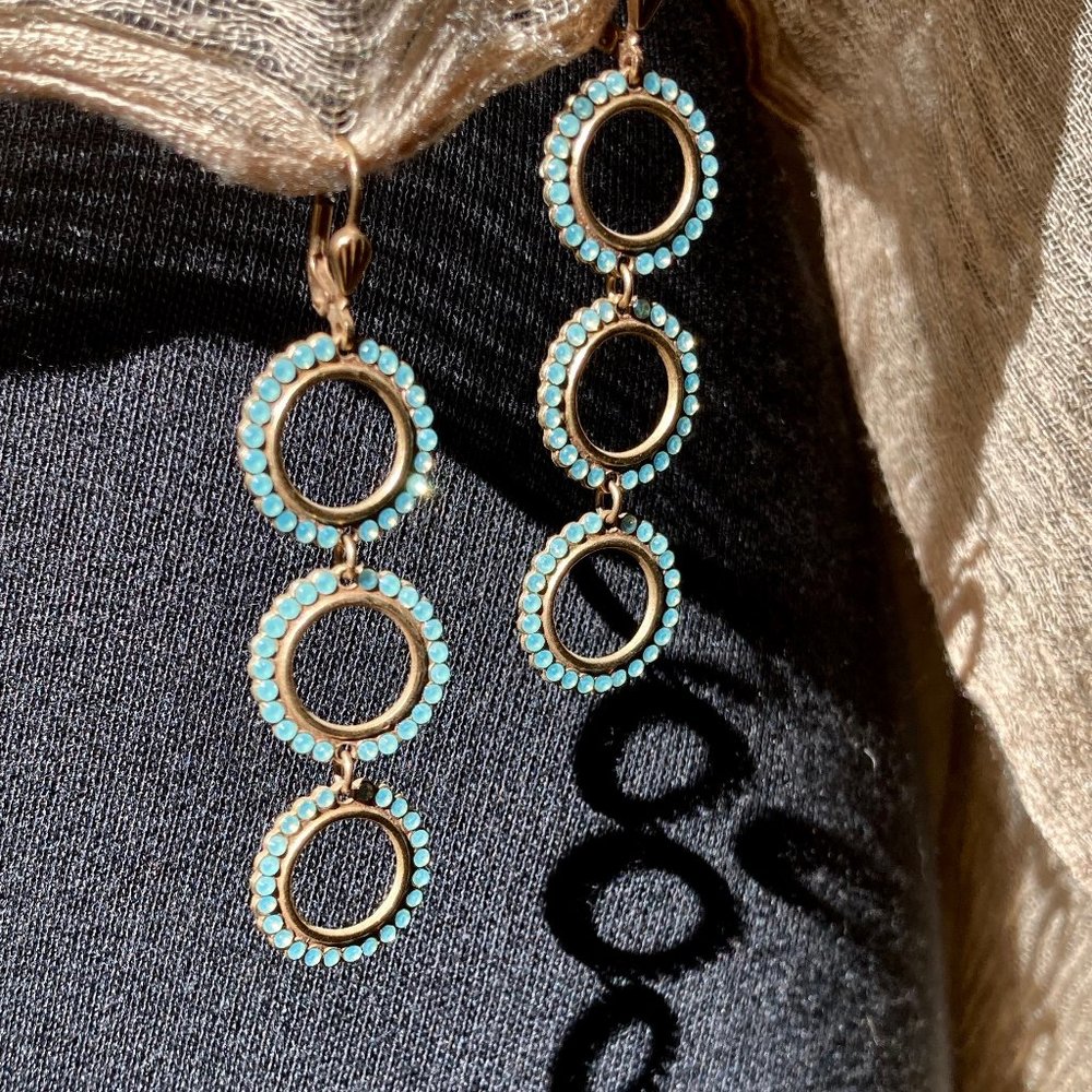 Aqua Blue Chalcedony Gemstone Set In Three Ring Brass Dangle Earrings